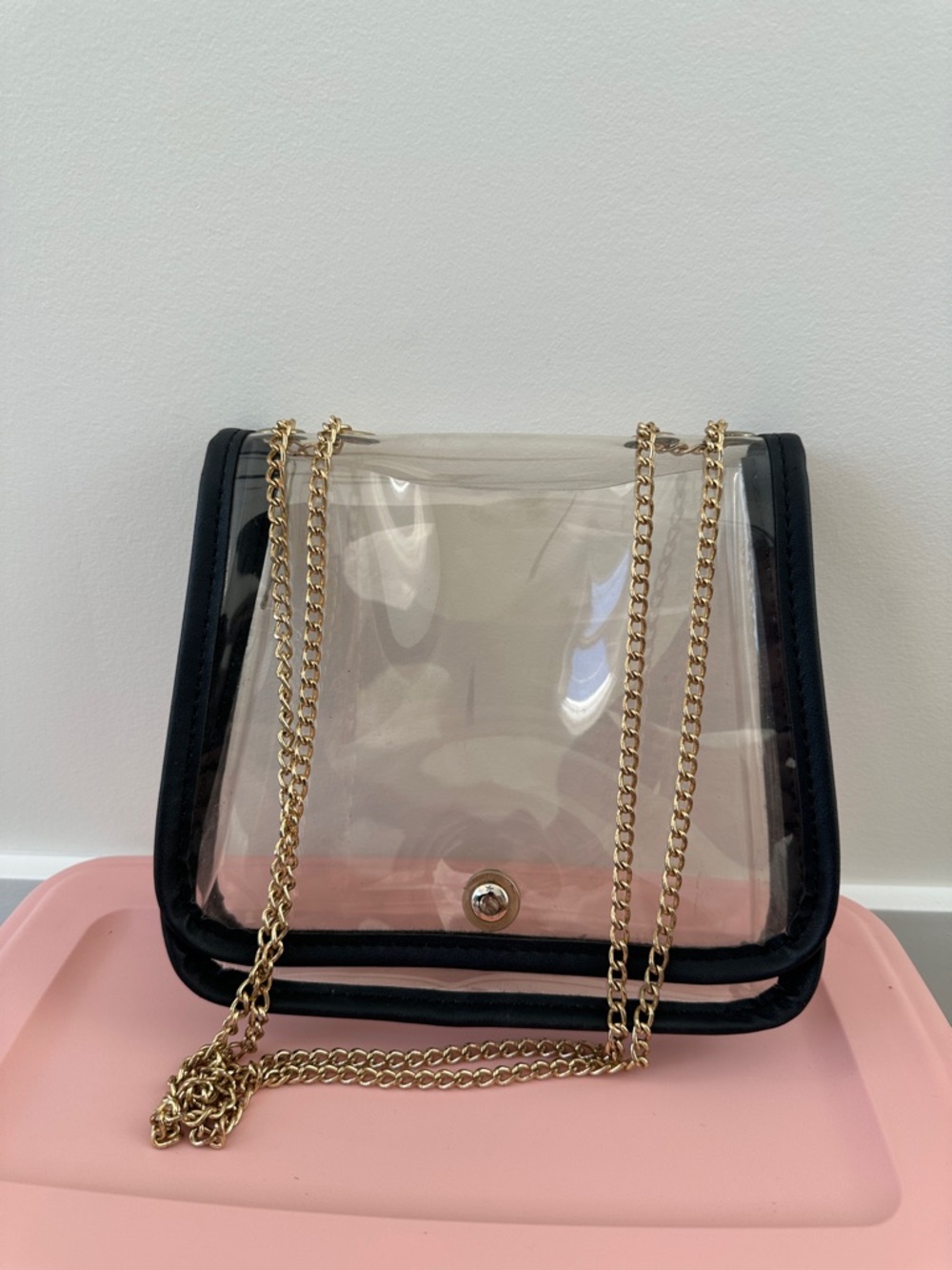Clear PVC Crossbody Bag with Black Trim and Gold Chain